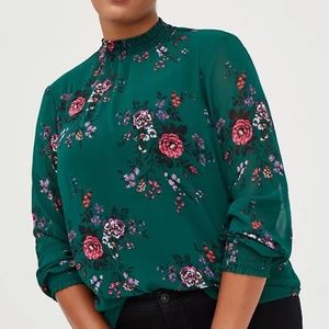 Green Chiffon Floral Blouse with Gathered Turtleneck